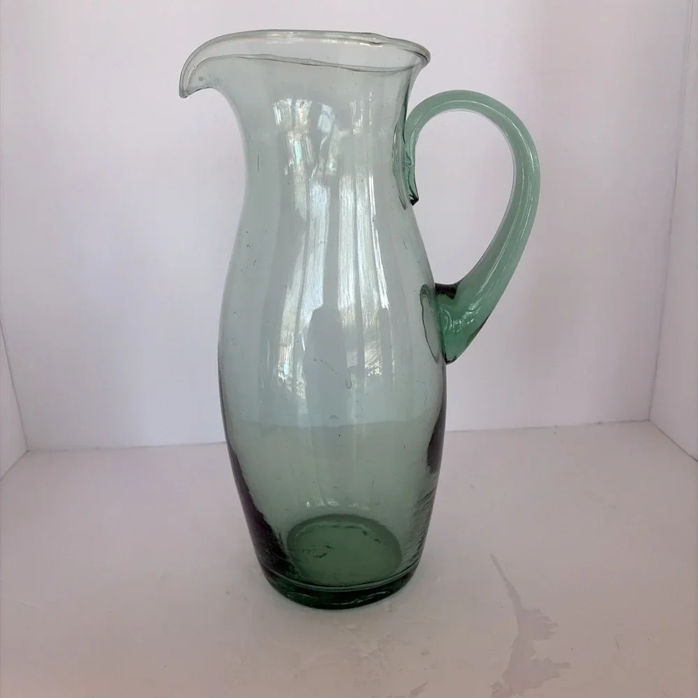 Water Pitcher Carafe with Handle Art Glass Hand Blown Jug Bubbles Green- VTG